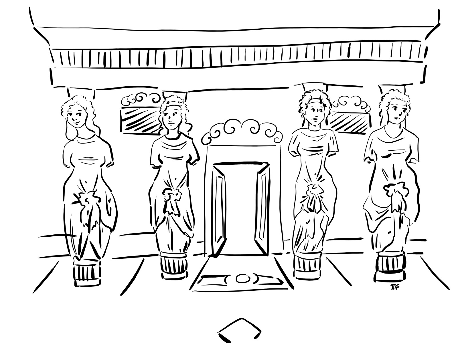 Line sketch of the Caryatids in the Louvre
